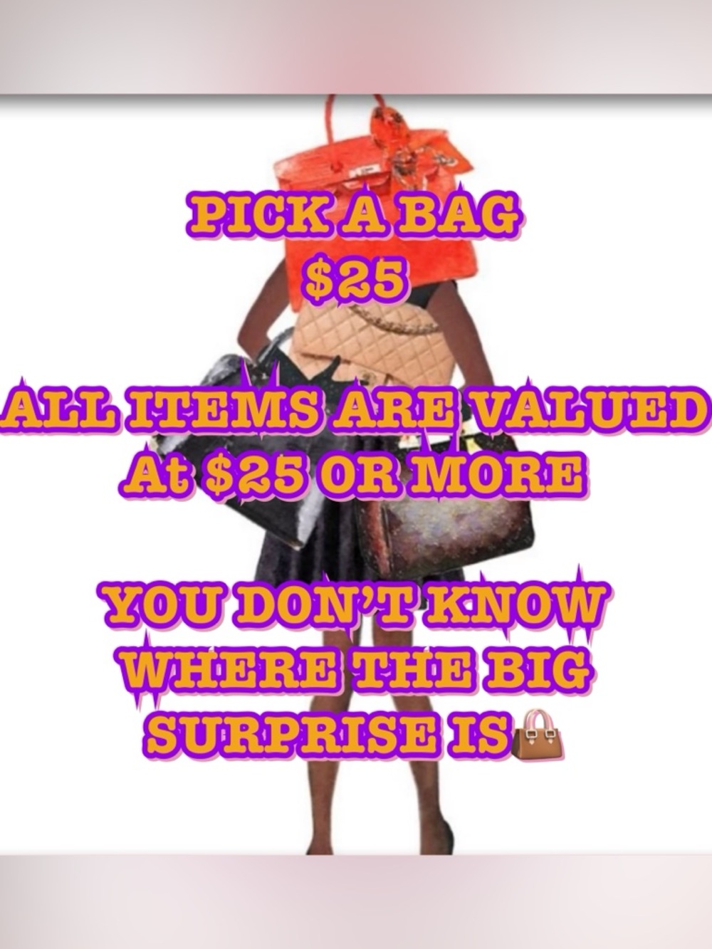 $25 BAG PIICK ONE, EVERY BAG IS VALUED AT $25 OR MORE .COULD BE A SURPRISE 👜